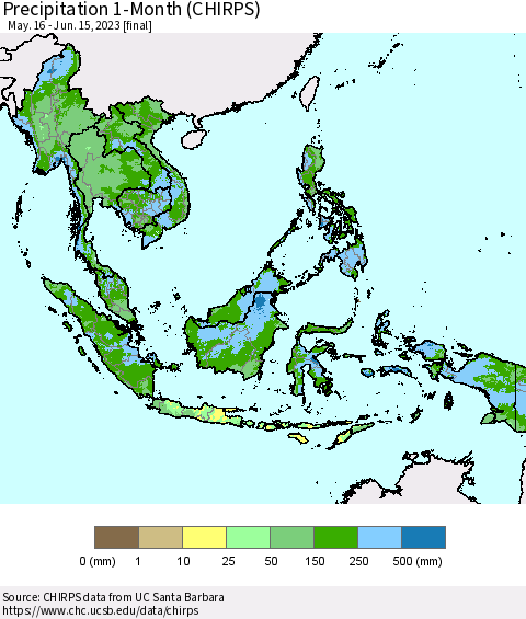 South East Asia Precipitation 1-Month (CHIRPS) Thematic Map For 5/16/2023 - 6/15/2023