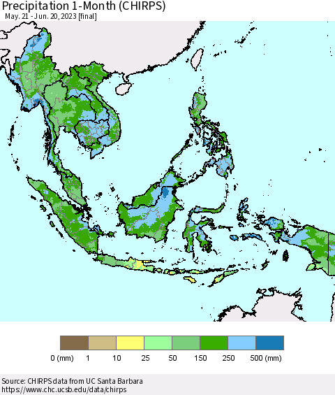 South East Asia Precipitation 1-Month (CHIRPS) Thematic Map For 5/21/2023 - 6/20/2023