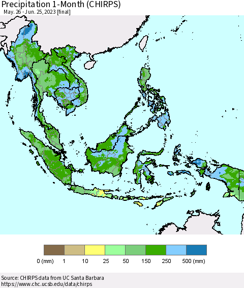 South East Asia Precipitation 1-Month (CHIRPS) Thematic Map For 5/26/2023 - 6/25/2023