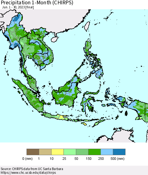 South East Asia Precipitation 1-Month (CHIRPS) Thematic Map For 6/1/2023 - 6/30/2023