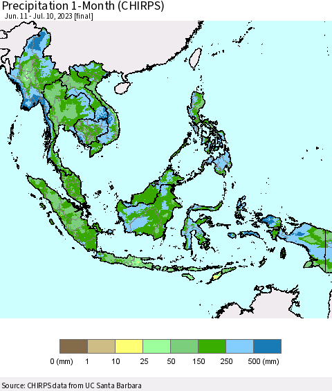 South East Asia Precipitation 1-Month (CHIRPS) Thematic Map For 6/11/2023 - 7/10/2023