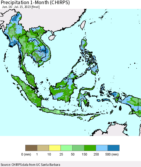 South East Asia Precipitation 1-Month (CHIRPS) Thematic Map For 6/16/2023 - 7/15/2023