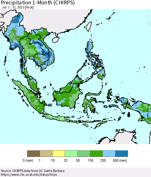 South East Asia Precipitation 1-Month (CHIRPS) Thematic Map For 7/1/2023 - 7/31/2023