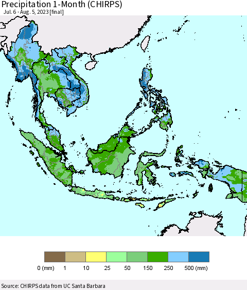 South East Asia Precipitation 1-Month (CHIRPS) Thematic Map For 7/6/2023 - 8/5/2023