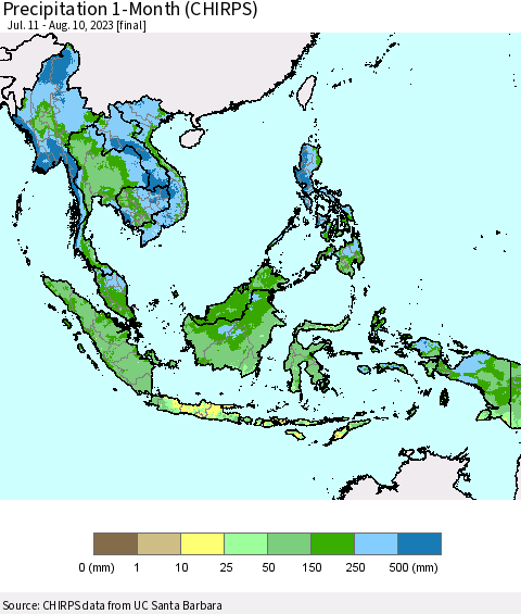 South East Asia Precipitation 1-Month (CHIRPS) Thematic Map For 7/11/2023 - 8/10/2023