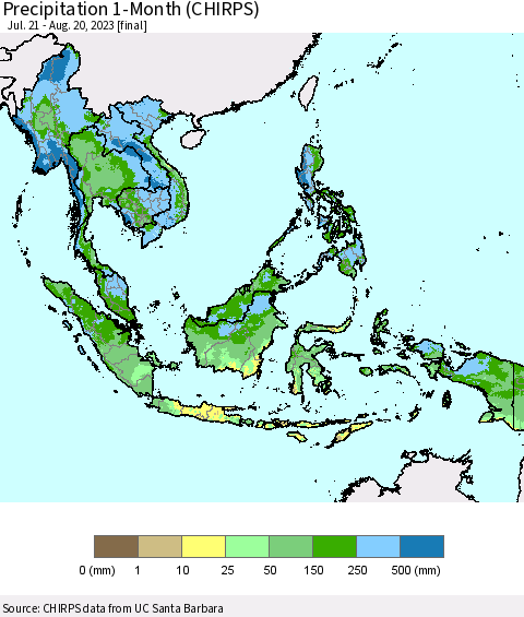 South East Asia Precipitation 1-Month (CHIRPS) Thematic Map For 7/21/2023 - 8/20/2023