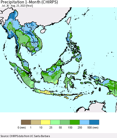 South East Asia Precipitation 1-Month (CHIRPS) Thematic Map For 7/26/2023 - 8/25/2023