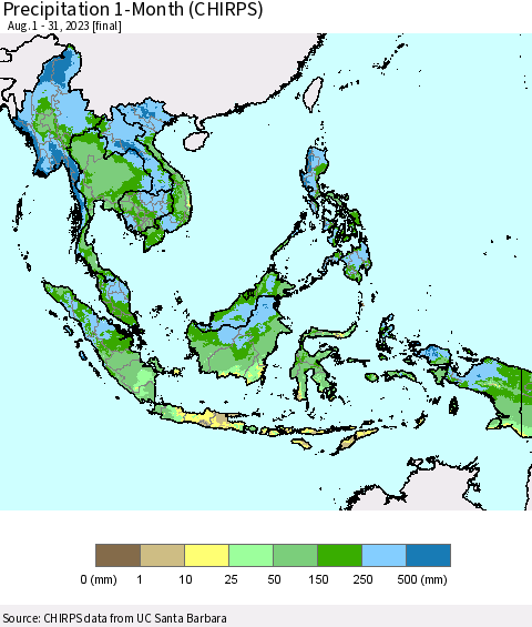 South East Asia Precipitation 1-Month (CHIRPS) Thematic Map For 8/1/2023 - 8/31/2023