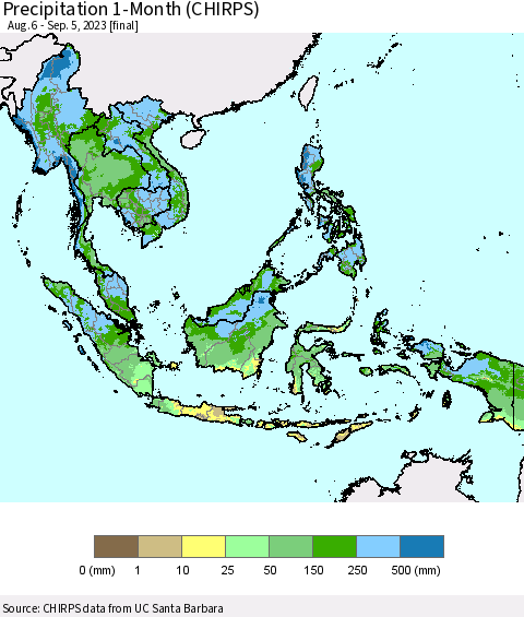South East Asia Precipitation 1-Month (CHIRPS) Thematic Map For 8/6/2023 - 9/5/2023