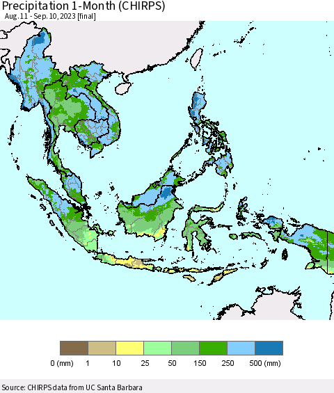 South East Asia Precipitation 1-Month (CHIRPS) Thematic Map For 8/11/2023 - 9/10/2023
