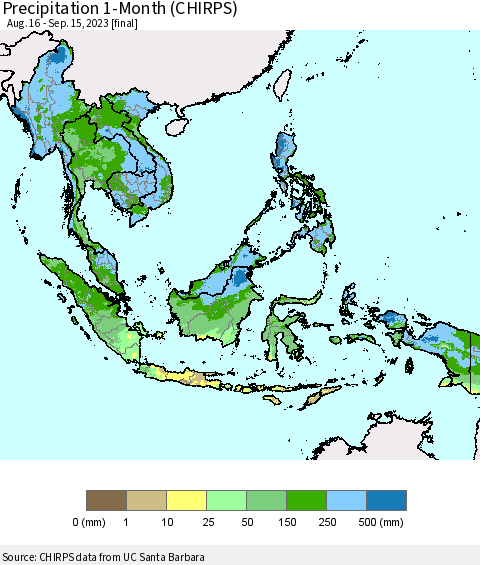 South East Asia Precipitation 1-Month (CHIRPS) Thematic Map For 8/16/2023 - 9/15/2023