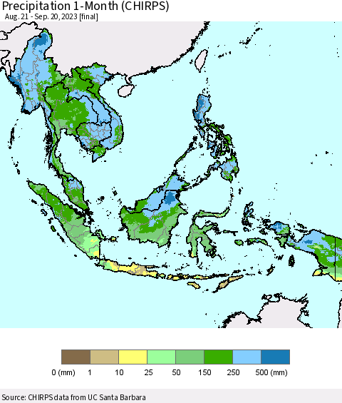 South East Asia Precipitation 1-Month (CHIRPS) Thematic Map For 8/21/2023 - 9/20/2023