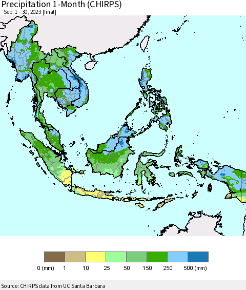 South East Asia Precipitation 1-Month (CHIRPS) Thematic Map For 9/1/2023 - 9/30/2023