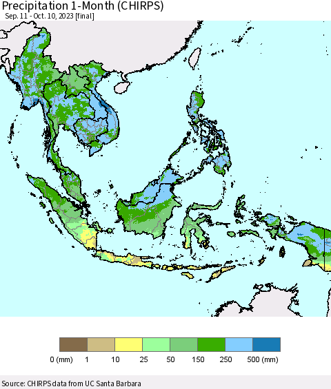 South East Asia Precipitation 1-Month (CHIRPS) Thematic Map For 9/11/2023 - 10/10/2023