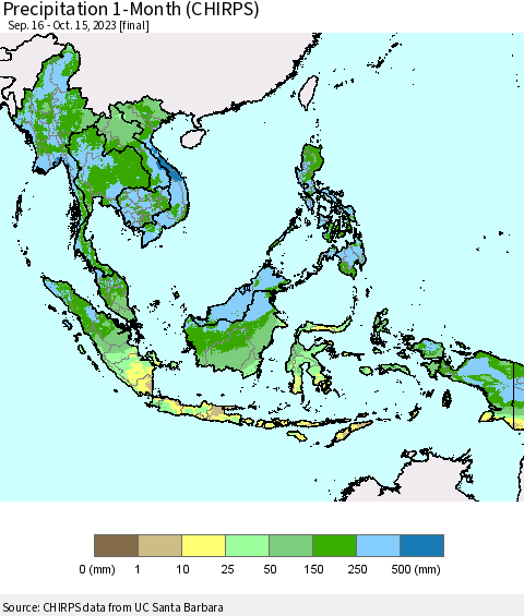 South East Asia Precipitation 1-Month (CHIRPS) Thematic Map For 9/16/2023 - 10/15/2023
