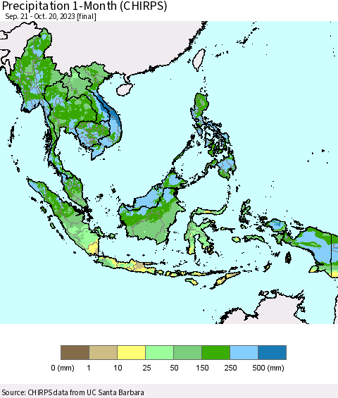 South East Asia Precipitation 1-Month (CHIRPS) Thematic Map For 9/21/2023 - 10/20/2023
