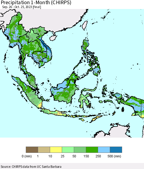 South East Asia Precipitation 1-Month (CHIRPS) Thematic Map For 9/26/2023 - 10/25/2023