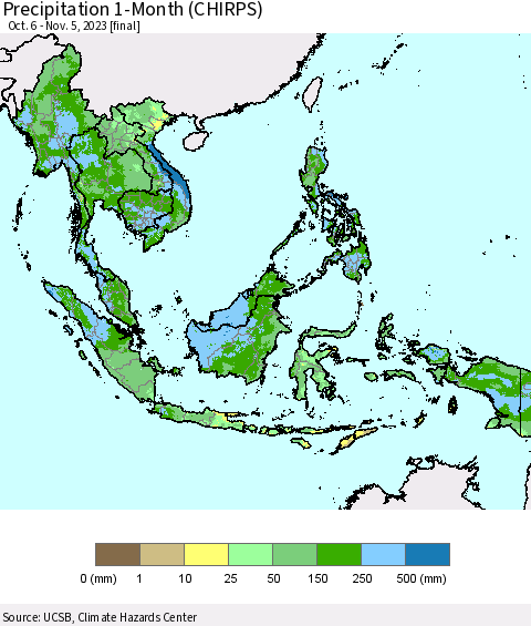 South East Asia Precipitation 1-Month (CHIRPS) Thematic Map For 10/6/2023 - 11/5/2023