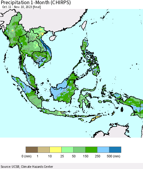 South East Asia Precipitation 1-Month (CHIRPS) Thematic Map For 10/11/2023 - 11/10/2023