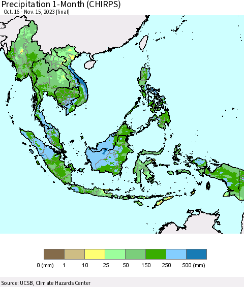 South East Asia Precipitation 1-Month (CHIRPS) Thematic Map For 10/16/2023 - 11/15/2023