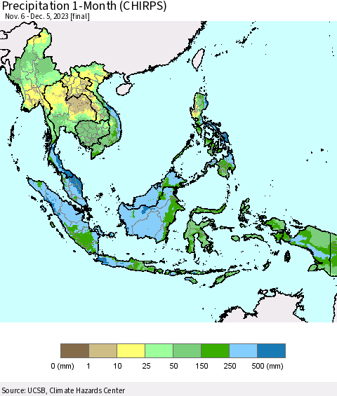 South East Asia Precipitation 1-Month (CHIRPS) Thematic Map For 11/6/2023 - 12/5/2023