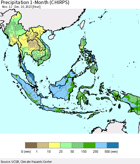 South East Asia Precipitation 1-Month (CHIRPS) Thematic Map For 11/11/2023 - 12/10/2023