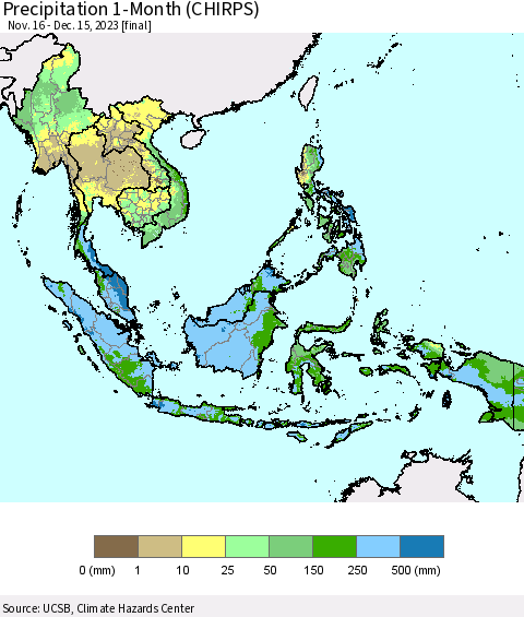 South East Asia Precipitation 1-Month (CHIRPS) Thematic Map For 11/16/2023 - 12/15/2023