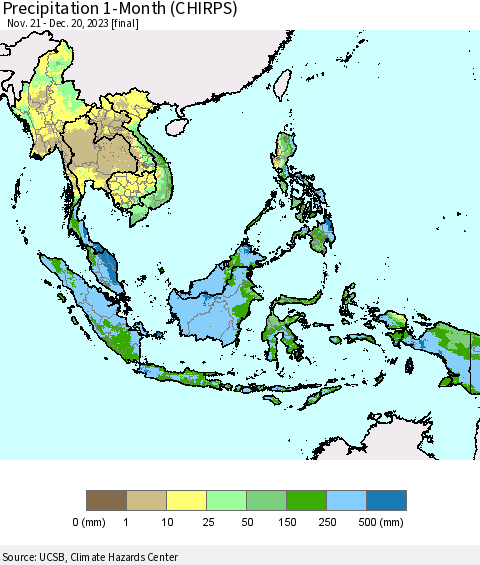 South East Asia Precipitation 1-Month (CHIRPS) Thematic Map For 11/21/2023 - 12/20/2023