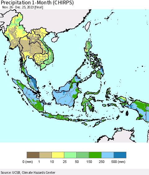 South East Asia Precipitation 1-Month (CHIRPS) Thematic Map For 11/26/2023 - 12/25/2023