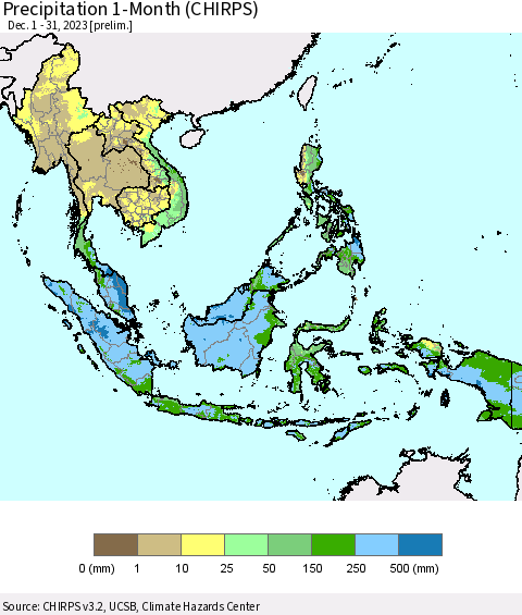 South East Asia Precipitation 1-Month (CHIRPS) Thematic Map For 12/1/2023 - 12/31/2023