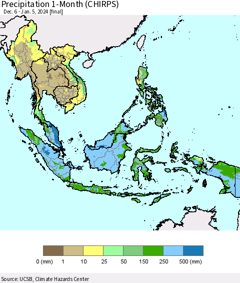 South East Asia Precipitation 1-Month (CHIRPS) Thematic Map For 12/6/2023 - 1/5/2024