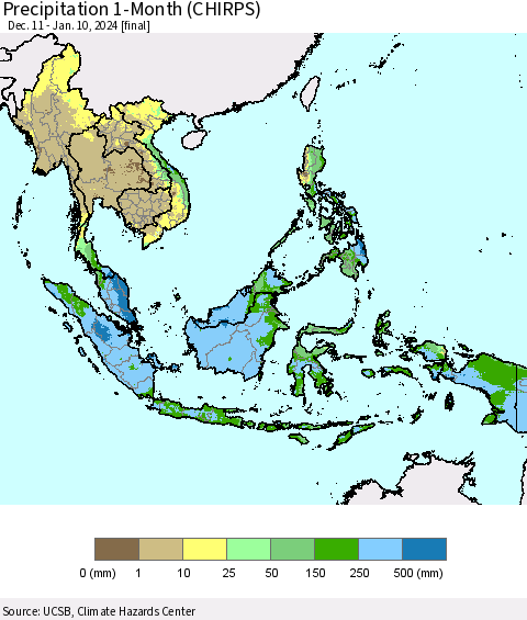 South East Asia Precipitation 1-Month (CHIRPS) Thematic Map For 12/11/2023 - 1/10/2024