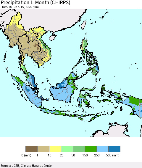South East Asia Precipitation 1-Month (CHIRPS) Thematic Map For 12/16/2023 - 1/15/2024
