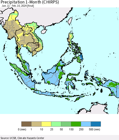 South East Asia Precipitation 1-Month (CHIRPS) Thematic Map For 1/11/2024 - 2/10/2024