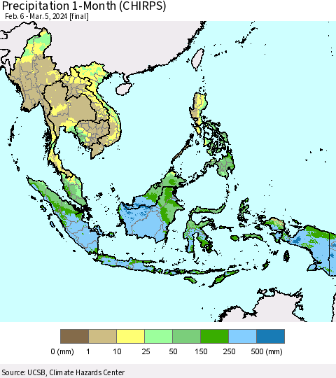 South East Asia Precipitation 1-Month (CHIRPS) Thematic Map For 2/6/2024 - 3/5/2024