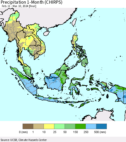 South East Asia Precipitation 1-Month (CHIRPS) Thematic Map For 2/11/2024 - 3/10/2024