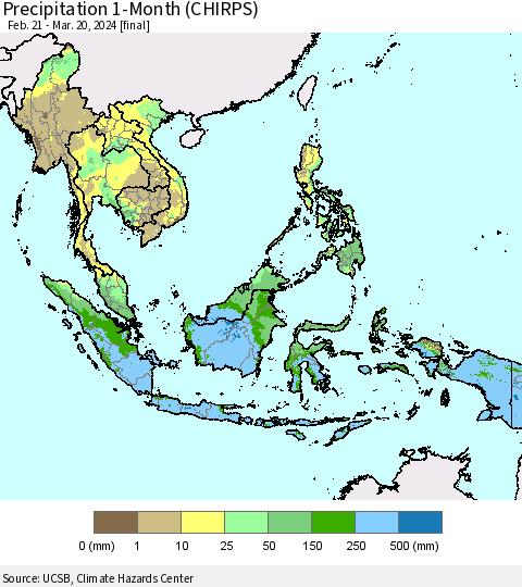 South East Asia Precipitation 1-Month (CHIRPS) Thematic Map For 2/21/2024 - 3/20/2024