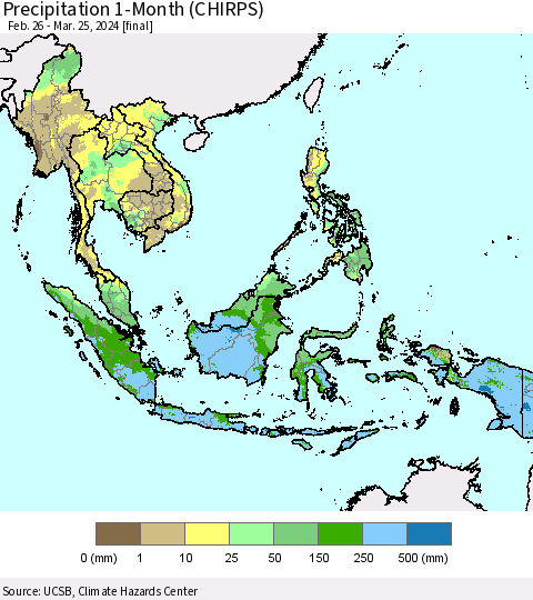 South East Asia Precipitation 1-Month (CHIRPS) Thematic Map For 2/26/2024 - 3/25/2024
