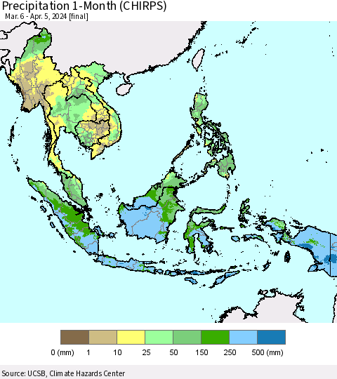 South East Asia Precipitation 1-Month (CHIRPS) Thematic Map For 3/6/2024 - 4/5/2024