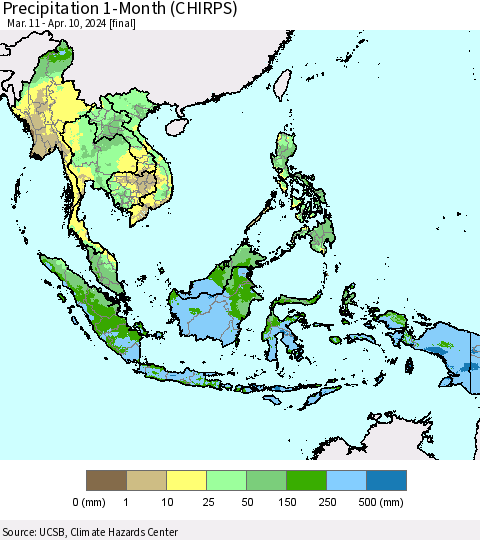 South East Asia Precipitation 1-Month (CHIRPS) Thematic Map For 3/11/2024 - 4/10/2024