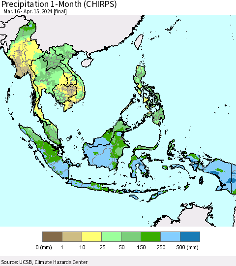 South East Asia Precipitation 1-Month (CHIRPS) Thematic Map For 3/16/2024 - 4/15/2024
