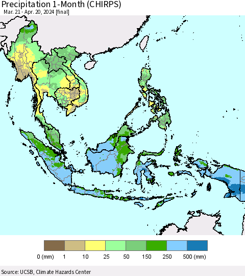 South East Asia Precipitation 1-Month (CHIRPS) Thematic Map For 3/21/2024 - 4/20/2024