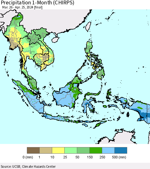 South East Asia Precipitation 1-Month (CHIRPS) Thematic Map For 3/26/2024 - 4/25/2024