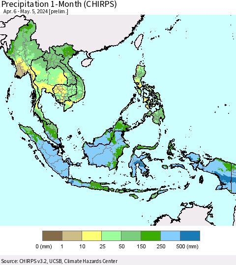 South East Asia Precipitation 1-Month (CHIRPS) Thematic Map For 4/6/2024 - 5/5/2024