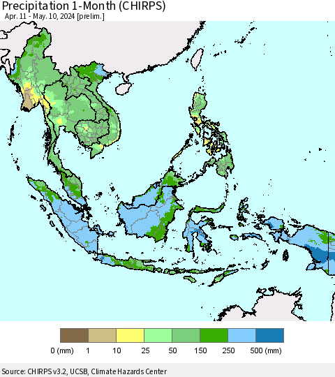 South East Asia Precipitation 1-Month (CHIRPS) Thematic Map For 4/11/2024 - 5/10/2024