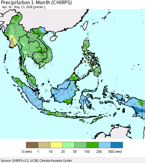 South East Asia Precipitation 1-Month (CHIRPS) Thematic Map For 4/16/2024 - 5/15/2024