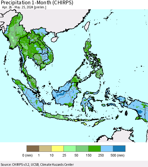 South East Asia Precipitation 1-Month (CHIRPS) Thematic Map For 4/26/2024 - 5/25/2024