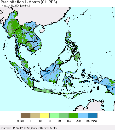 South East Asia Precipitation 1-Month (CHIRPS) Thematic Map For 5/1/2024 - 5/31/2024