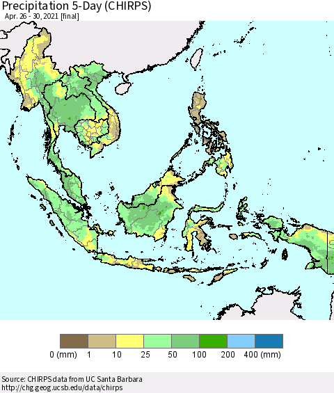 South East Asia Precipitation 5-Day (CHIRPS) Thematic Map For 4/26/2021 - 4/30/2021