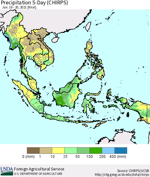 South East Asia Precipitation 5-Day (CHIRPS) Thematic Map For 6/16/2021 - 6/20/2021